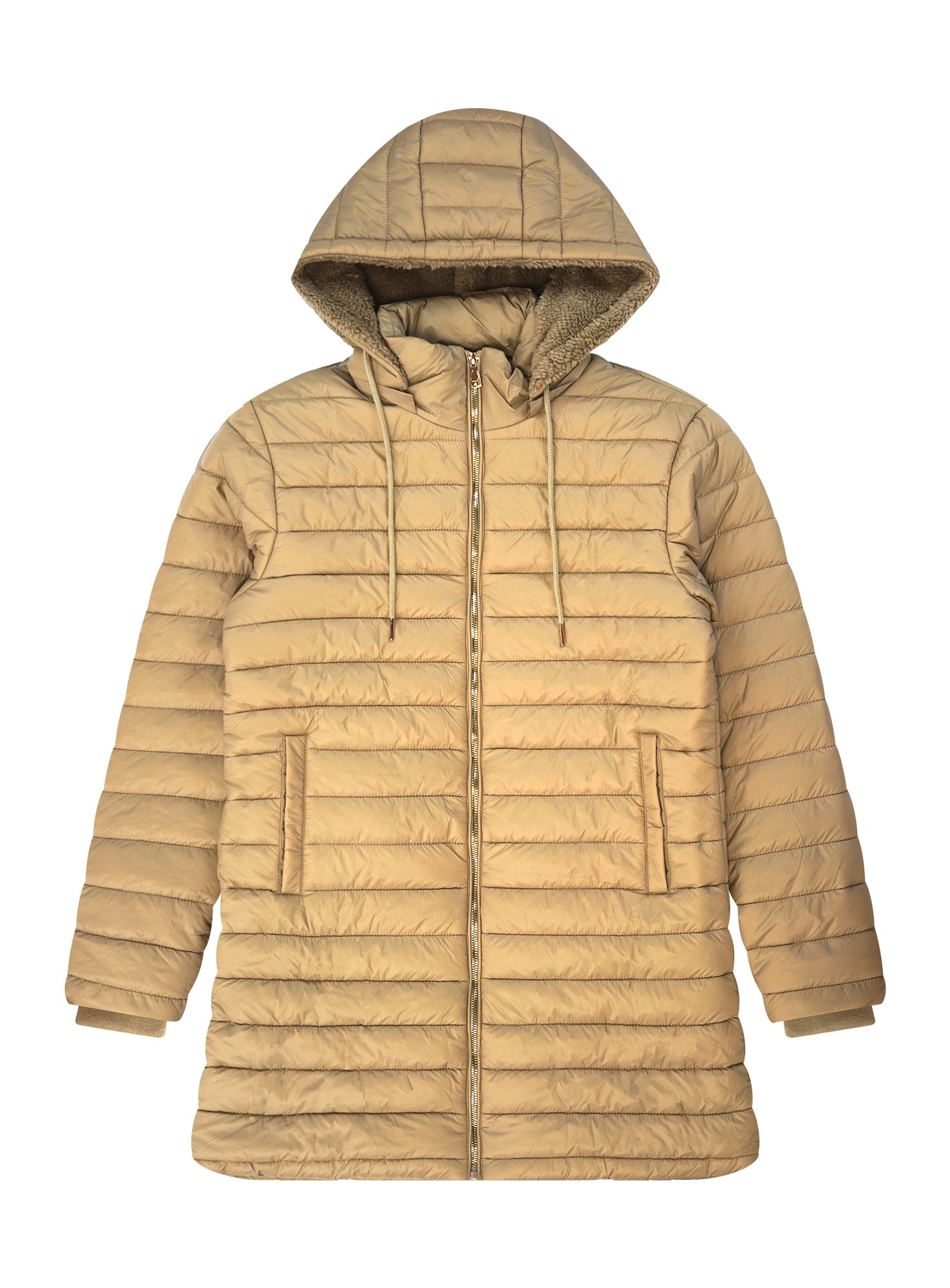Women’s Longline Hooded Puffer Jacket with Sherpa Lining #22