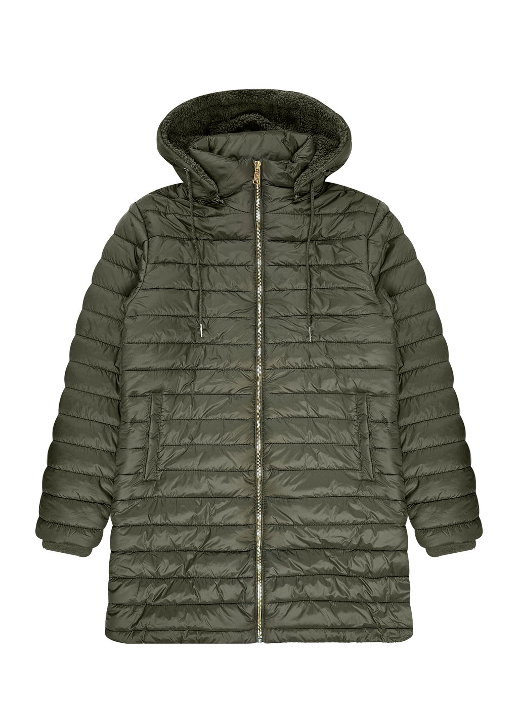 Women’s Longline Hooded Puffer Jacket with Sherpa Lining #22