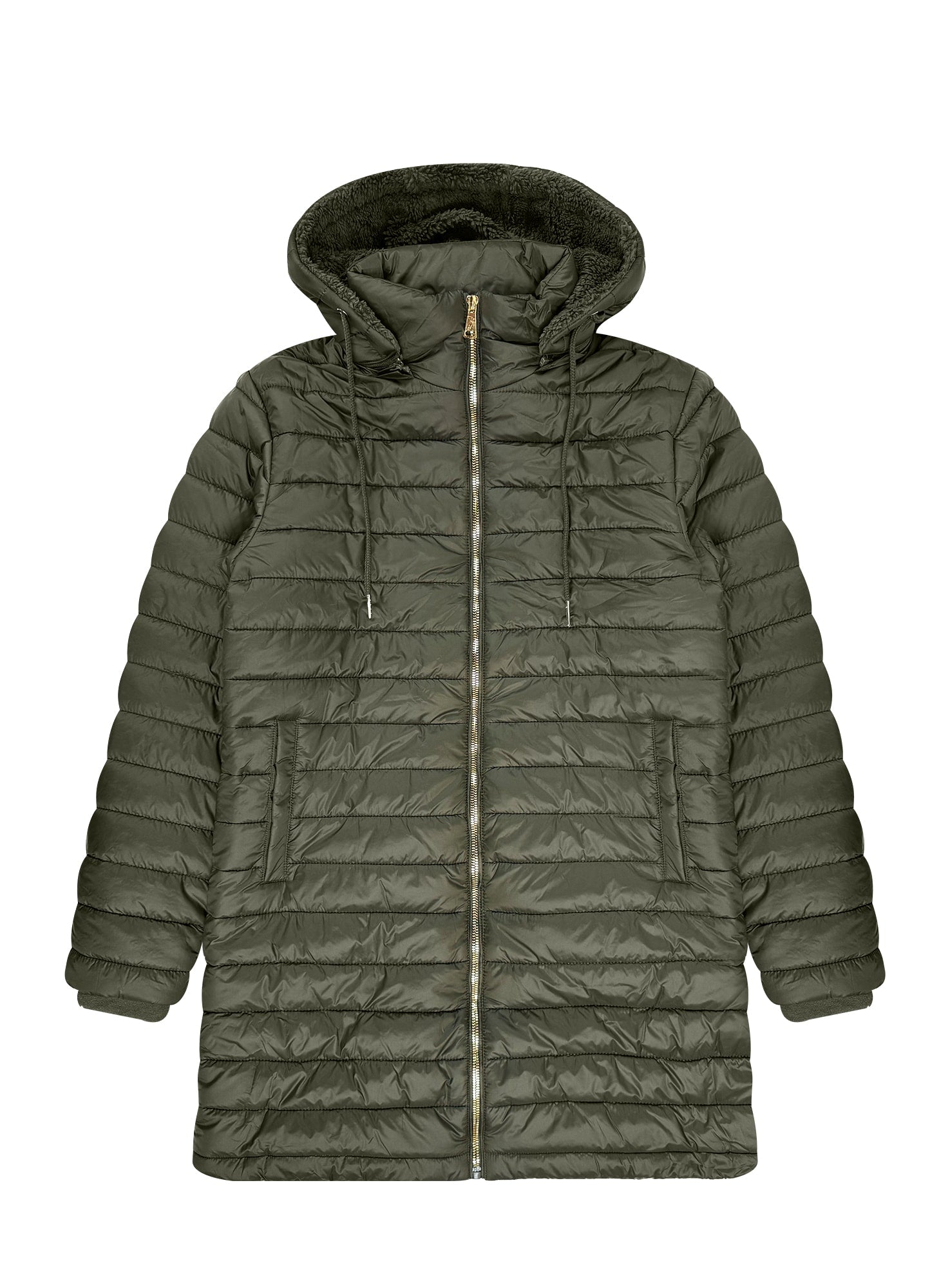 Women’s Longline Hooded Puffer Jacket with Sherpa Lining #22